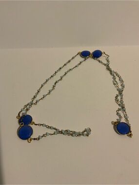 Blue Glass and Gold Bead Station Necklace - Women Jewelry